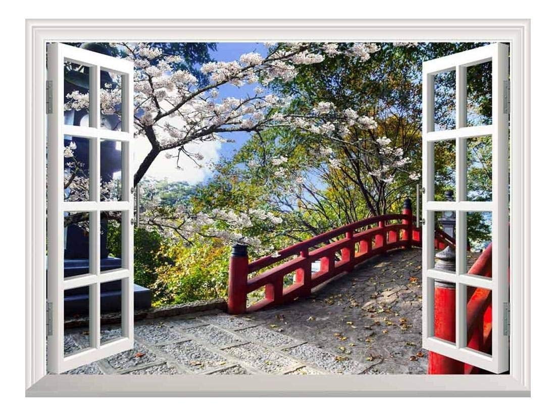 wall26 Modern White Window Looking Out Into a Red Bridge Surrounded by Beautiful Trees - Wall Mural, Removable Sticker, Home Decor - 24x32 inches