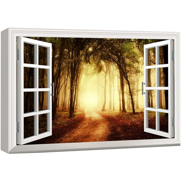 wall26 - Modern White Window Looking Out Into a Road That Leads to a Bright Forest - Canvas Art Home Art - 12"x18"