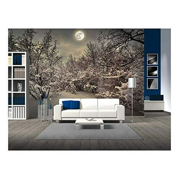 wall26 - Moonlight Night in Winter Wood - Removable Wall Mural | Self-Adhesive Large Wallpaper - 100x144 inches