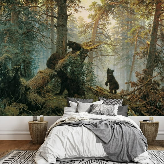 wall26 - Morning in a Pine Forest (Bears Playing on a Fallen Tree) by Ivan Shishkin - Russian Realist Painter - Landscape Artist - Peel and Stick Large Wall Mural, Removable Wallpaper - 66x96 inches