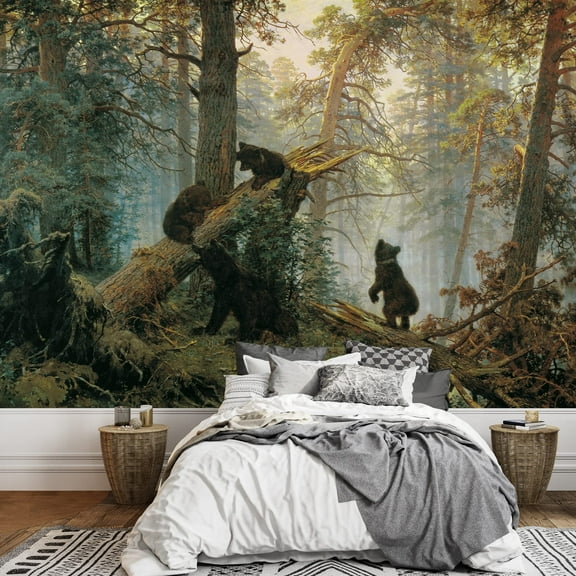 wall26 - Morning in a Pine Forest (Bears Playing on a Fallen Tree) by Ivan Shishkin - Russian Realist Painter - Landscape Artist - Peel and Stick Large Wall Mural, Removable Wallpaper - 66x96 inches