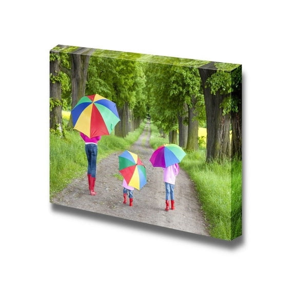 wall26 Mother and Her Daughters with Umbrellas in Spring Alley for Home or Office Art - Canvas Art Wall Art - 12" x 18"