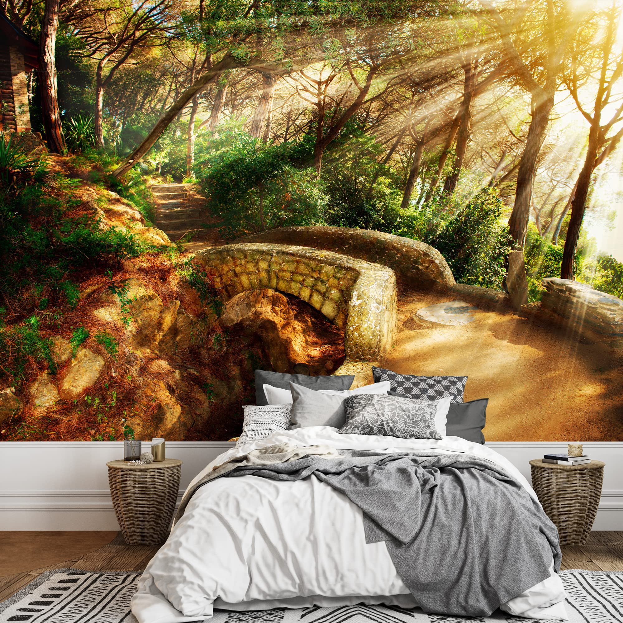 wall26 - Mystical Park Old Trees and Ancient Stone Bridge Pathway - Removable Wall Mural | Self-Adhesive Large Wallpaper - 66x96 inches