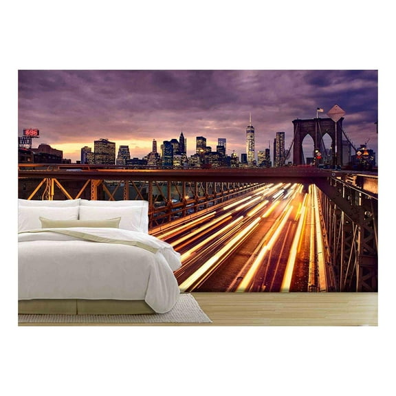 wall26 Night Car Traffic on Brooklyn Bridge in New York City - Removable Wall Mural | Self-Adhesive Large Wallpaper - 100x144 inches