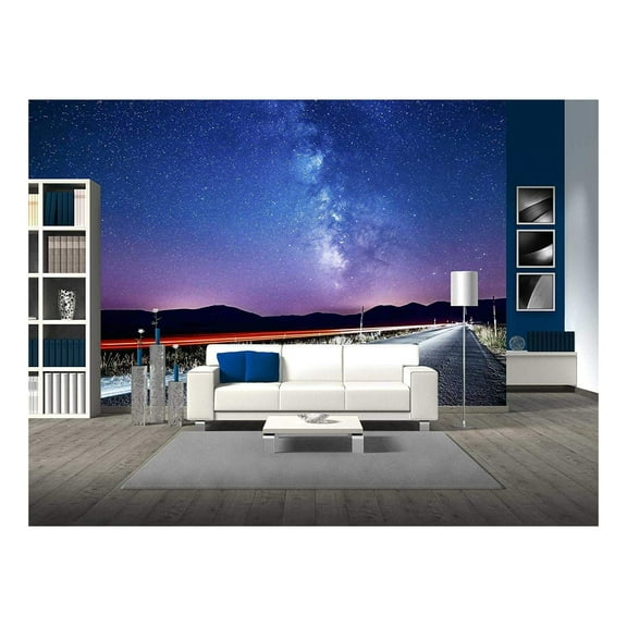 wall26 - Night Sky with Milky Way and Stars. Night Road Illuminated by Car. Light Trails - Removable Wall Mural | Self-Adhesive Large Wallpaper - 66x96 inches