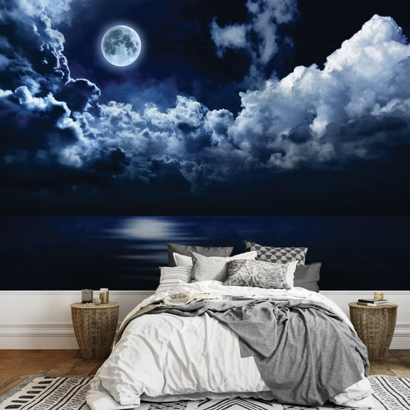 wall26 -Night Time View of The Moon Swimming in a Sea of Clouds- Wall Mural, Removable Sticker, Home Decor - 100x144 inches