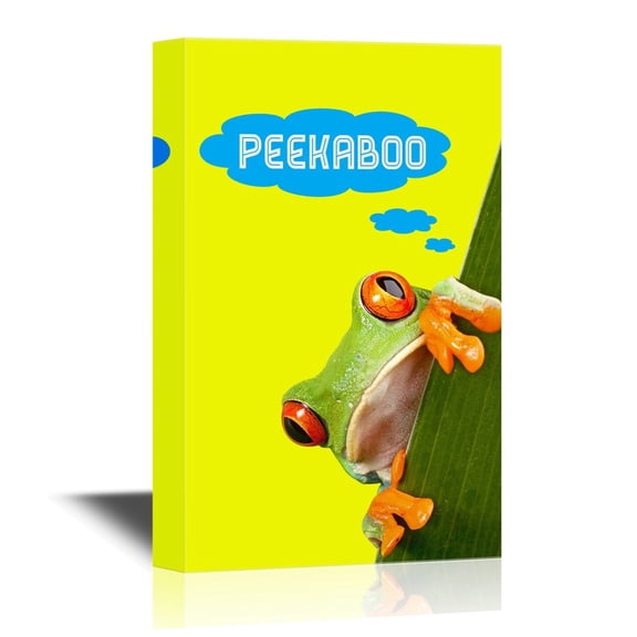 wall26 - Nursery Art Canvas Wall Art - Adorable Peekaboo Tree Frog Behind a Leaf on Yellow Background - Gallery Wrap Baby/Kids Room Decoration | Ready to Hang - 32x48 inches