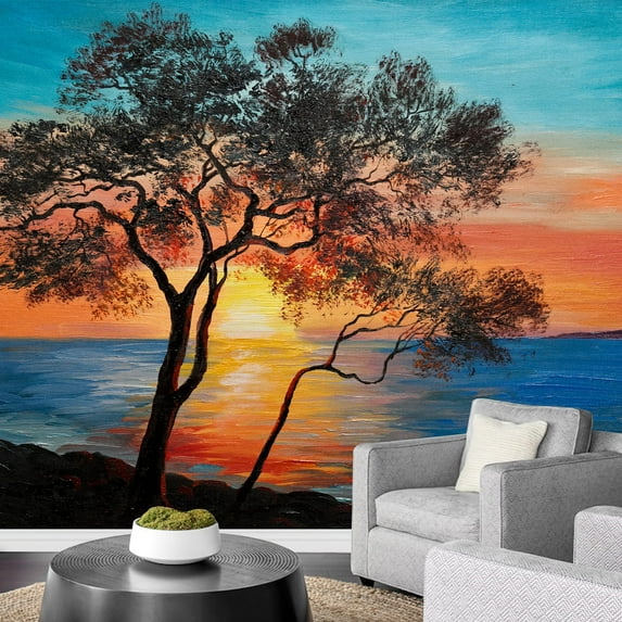 wall26 - Oil Painting on Canvas - Tree Near The Lake at Sunset, Wallpaper; Decoration - Removable Wall Mural | Self-Adhesive Large Wallpaper - 66x96 inches