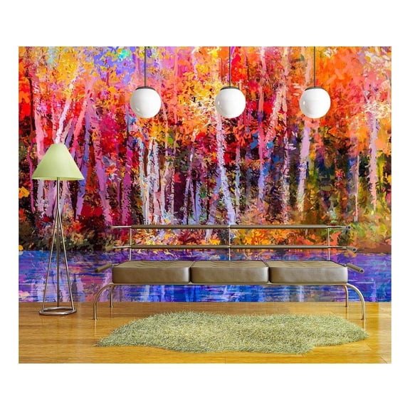 wall26 - Oil Painting Colorful Autumn Trees. Semi Abstract Image of Forest - Removable Wall Mural | Self-Adhesive Large Wallpaper - 66x96 inches