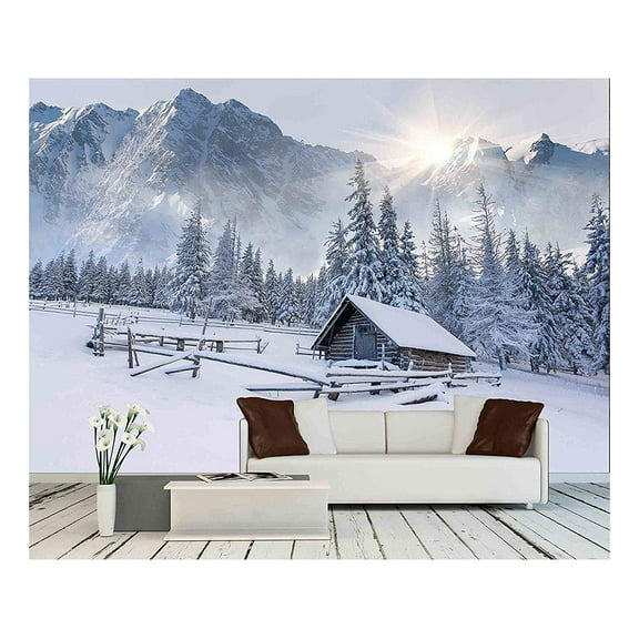 wall26 - Old Farm in The Mountains. Foggy Winter Morning. - Removable Wall Mural | Self-Adhesive Large Wallpaper - 66x96 inches