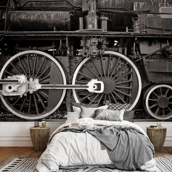 wall26 - Old Locomotive Wheel Detail in Warm Black and White - Removable Wall Mural | Self-Adhesive Large Wallpaper - 100x144 inches
