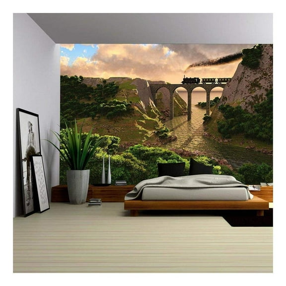 wall26 - Old Steam Train Crossing a Bridge Over Sunset Background (3D) - Removable Wall Mural | Self-Adhesive Large Wallpaper - 100x144 inches