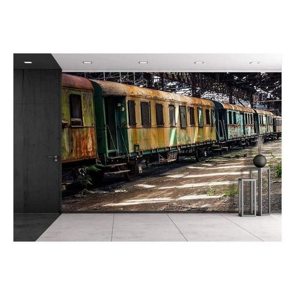 wall26 - Old Trains at Abandoned Train Depot - Removable Wall Mural | Self-Adhesive Large Wallpaper - 66x96 inches