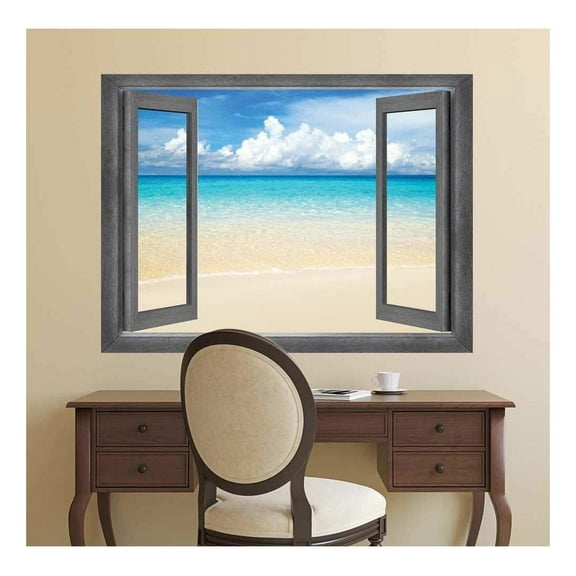 wall26 - Open Window Creative Wall Decor - A Sea of Blue Waters and White Clouds - Wall Mural, Removable Sticker, Home Decor - 24x32 inches