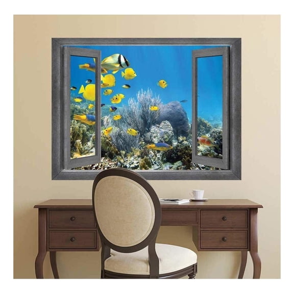 wall26 - Open Window Creative Wall Decor - A Swimming School of Yellow Fish - Wall Mural, Removable Sticker, Home Decor - 24x32 inches