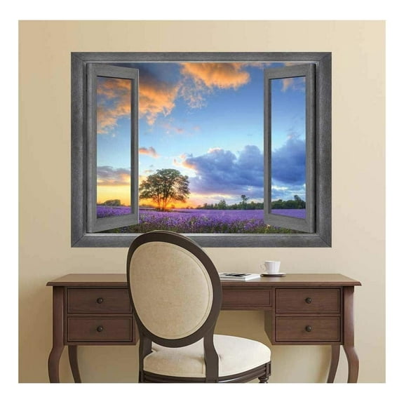 wall26 - Open Window Creative Wall Decor - Beautiful Purple Garden at Sunset - Wall Mural, Removable Sticker, Home Decor - 36x48 inches