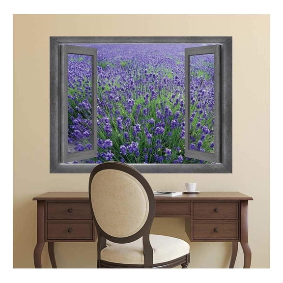 wall26 - Open Window Creative Wall Decor - Gorgeous View onto a Lavendar Field - Wall Mural, Removable Sticker, Home Decor - 24x32 inches