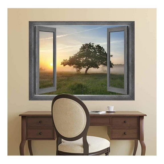 wall26 - Open Window Creative Wall Decor - Misty Field at Sunset - Wall Mural, Removable Sticker, Home Decor - 36x48 inches