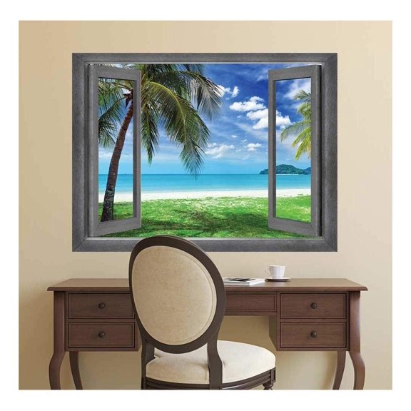 wall26 - Open Window Creative Wall Decor - Vacation View onto a Tropical Paradise - Wall Mural, Removable Sticker, Home Decor - 24x32 inches