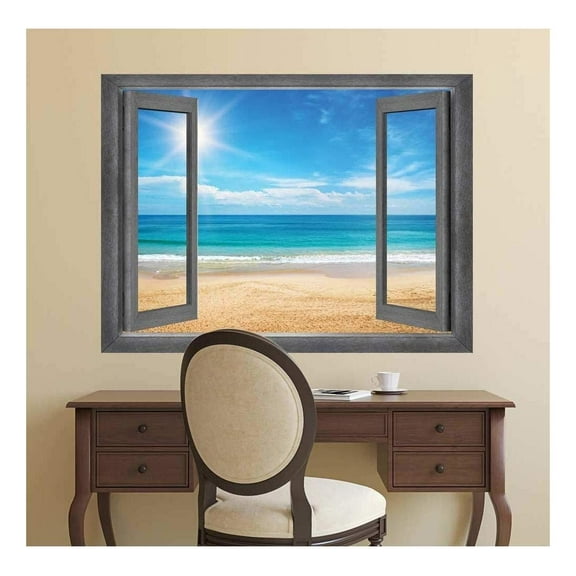wall26 - Open Window Creative Wall Decor - View of The Ocean and The Sun at It's Highest Point - Wall Mural, Removable Sticker, Home Decor - 36x48 inches