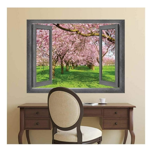 wall26 - Open Window Creative Wall Decor - View of a Row of Cherry Blossom Trees - Wall Mural, Removable Sticker, Home Decor - 36x48 inches