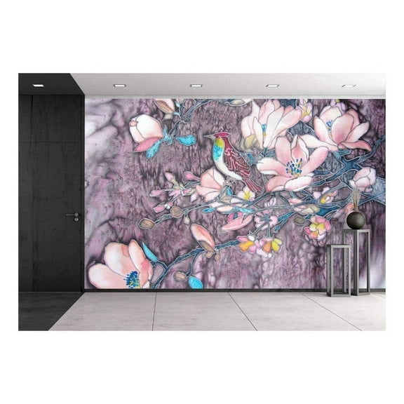 wall26 - Original Batik Painting with Bird and Magnolia Tree Flowers. - Removable Wall Mural | Self-Adhesive Large Wallpaper - 66x96 inches