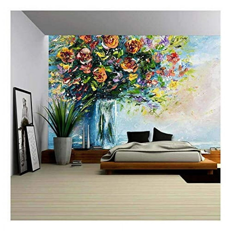 wall26 - Original Oil Painting of Beautiful Vase or Bowl of Fresh Flowers.  on Canvas.Modern Impressionism, Modernism,Marinism - Removable Wall Mural 