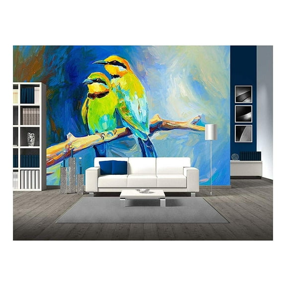 wall26 - Original Oil Painting of Blue Tailed Bee Eaters, Song Birds on Canvas.Modern Impressionism - Removable Wall Mural | Self-Adhesive Large Wallpaper - 100x144 inches