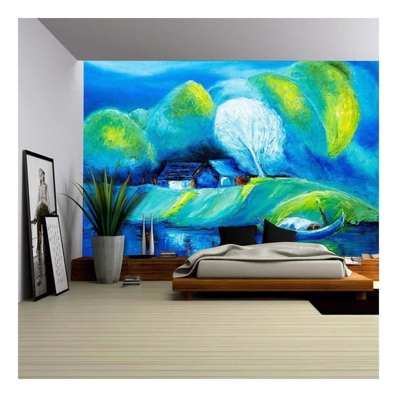 wall26 - Original Oil Painting Showing Lake,Boat and House Landscape on Canvas - Removable Wall Mural | Self-Adhesive Large Wallpaper - 100x144 inches