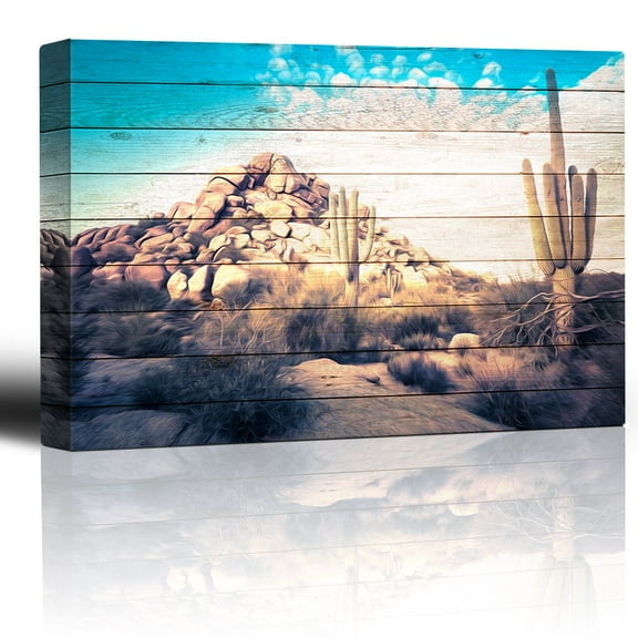 wall26 - Painted Desert Scene on Wood Grain Background - Rustic Sagebrush Cactus boulders - Blue Sky Over Rural Landscape - Canvas Art Home Art - 12x18 inches