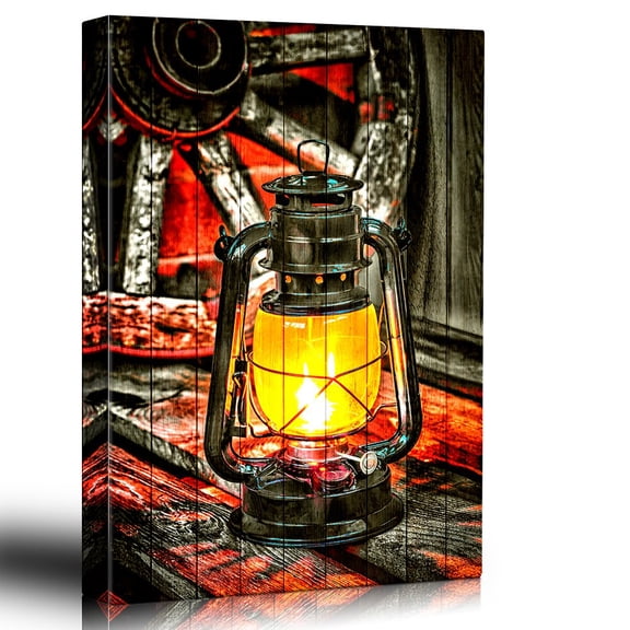 wall26 - Painted Lantern on Wood Background Glowing Yellow - Wagon Wheel and Vintage Woodgrain - Rustic Country Still Life - Canvas Art Home Art - 12x18 inches