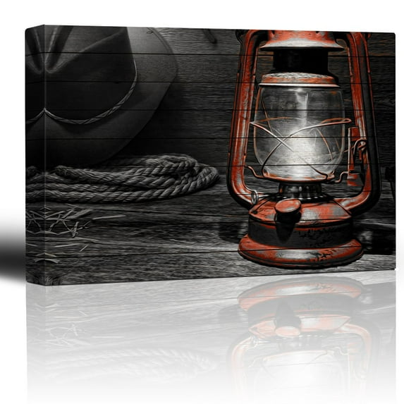 wall26 - Painted red Lantern in a Rustic barn - Cowboy hat and Rope in The Background - Illustrated Monochrome Country Art - Canvas Art Home Art - 24x36 inches