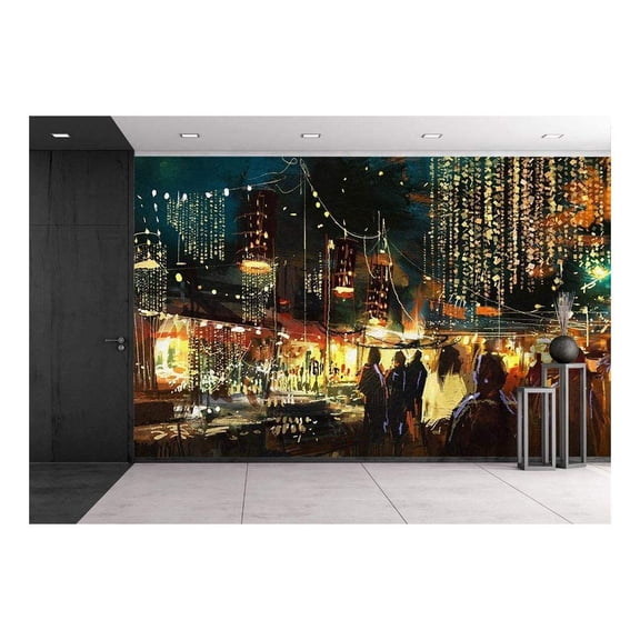 wall26 - Painting of Shopping Street City with Colorful Nightlife - Removable Wall Mural | Self-Adhesive Large Wallpaper - 66x96 inches