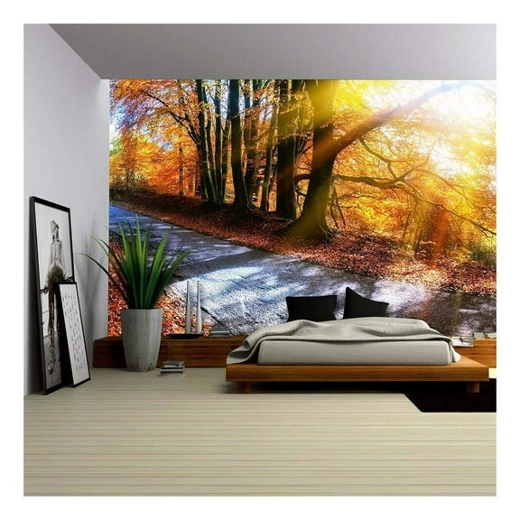 wall26 - Panoramic Autumn Landscape with Country Road in Orange Tone. Nature Background - Removable Wall Mural | Self-Adhesive Large Wallpaper - 66x96 inches