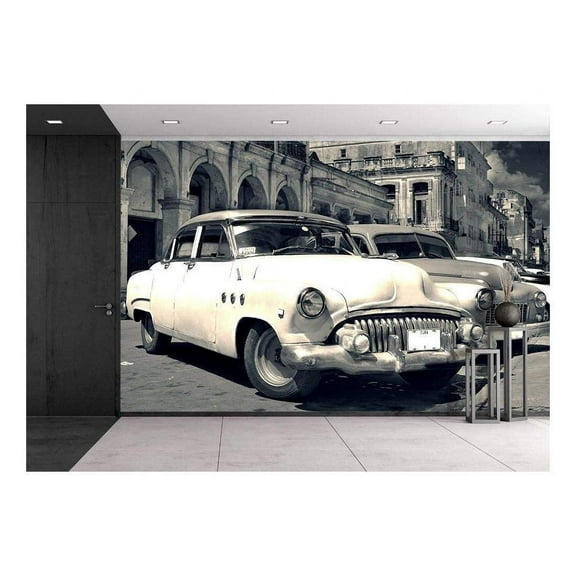wall26 - Panoramic View of Shabby Old Havana Street with Vintage Classic American Cars - Removable Wall Mural | Self-Adhesive Large Wallpaper - 100x144 inches