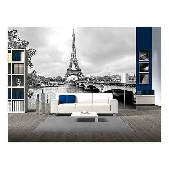 wall26 - Paris Eiffel Tower from Seine. Cityscape in Black and White - Removable Wall Mural | Self-Adhesive Large Wallpaper - 100x144 inches