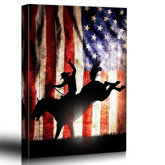 wall26 - Patriotic Bucking Bronco Rider Silhoutte - Rodeo Country Western Artwork - Wood Grain Texture Rustic Art - Canvas Art Home Decor - 24x36 inches