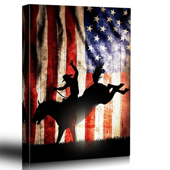 wall26 - Patriotic Bucking Bronco Rider Silhoutte - Rodeo Country Western Artwork - Wood Grain Texture Rustic Art - Canvas Art Home Decor - 32x48 inches