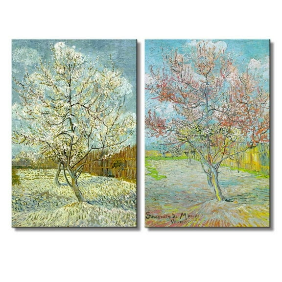wall26 - Peach Tree in Bloom by Vincent Van Gogh - Oil Painting Reproduction in Set of 2 | Canvas Prints Wall Art, Ready to Hang - 16" x 24" x 2 Panels