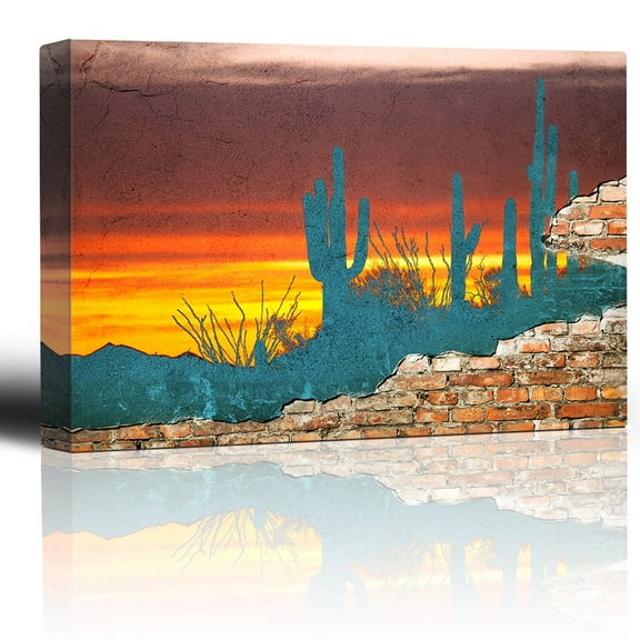 wall26 - Peeling Away Brick Wall Revealing a Beautifully Colored Desert Scene - Canvas Art Home Art - 12x18 inches