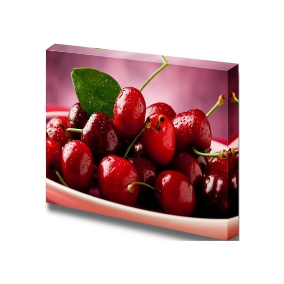 wall26 Photo of Delicious Fresh Cherries Inside a Plate on Red Reflecting Table - Canvas Art Wall Art - 12" x 18"