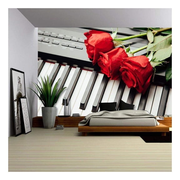 wall26 - Piano Keys and Red Roses - Removable Wall Mural | Self-Adhesive Large Wallpaper - 66x96 inches