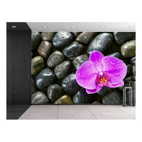 wall26 - Pink Orchid Flower Surrounded by Rocks with Rain Drops - Wall Mural, Removable Sticker, Home Decor - 100x144 inches