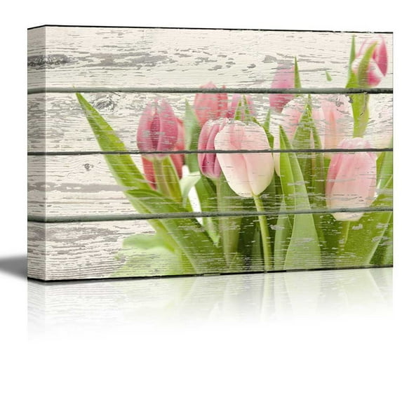 wall26 - Pink and Green Tulips Flowers Artwork - Rustic Canvas Wall Art Home Art - 32x48 inches