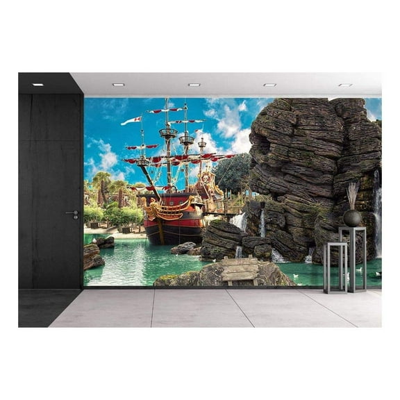 wall26 - Pirate Ship in The Backwater of Tropical Pirate Island, with Big Rock in Form of Skull Near It - Removable Wall Mural | Self-Adhesive Large Wallpaper - 66x96 inches