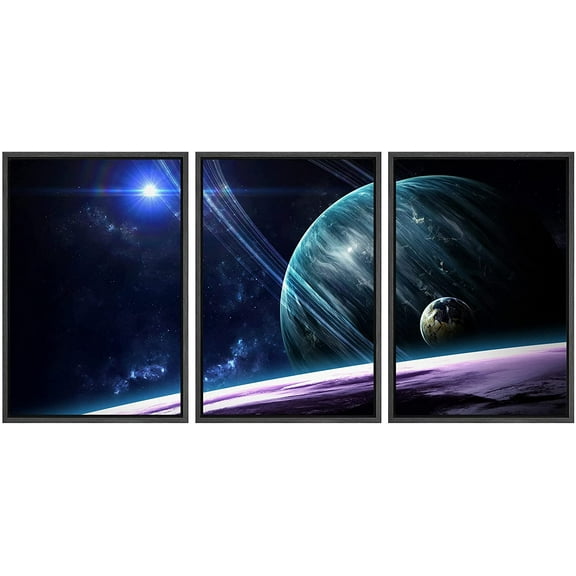 wall26 - Planets in Outer Space - Framed Canvas Art Wall Art - 16"x24"x3 BLACK