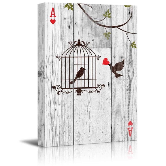 wall26 - Poker Cards Canvas Wall Art - Hearts Ace - Little Bird Carrying Red Heart to His Lover Gallery Wrap Modern Home Art | Ready to Hang - 32x48 inches