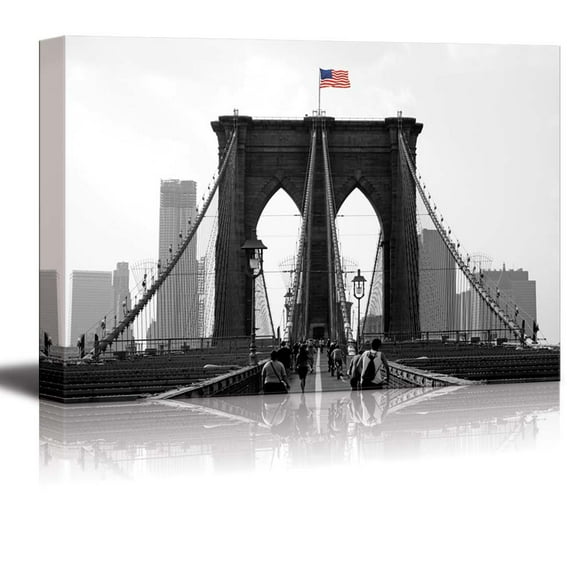 wall26 - Pop of Color The USA Flag Over The Brooklyn Bridge in New York - Red Color Stands Out Against Black and White Background - Canvas Art Home Art - 16x24 inches