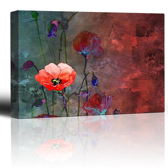 wall26 - Poppy Flowers Artwork Over a Blue and Red Picture with Abstract Painting Background - Giclee Prints Canvas Wall Art Modern Home Art | Stretched Gallery Wrap Ready to Hang - 12x18 inches
