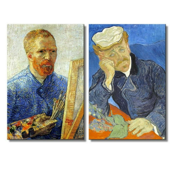 wall26 - Portrait of Dr. Gachet/Self Portrait as a Painter by Vincent Van Gogh - Oil Painting Reproduction in Set of 2 | Canvas Prints Wall Art, Ready to Hang - 16" x 24" x 2 Panels